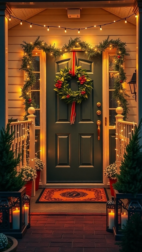 A festive Christmas porch with wreath, lights, and potted plants.